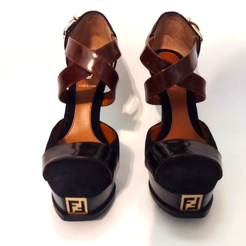 Fendi Black Suede & Brown Leather Criss Cross Logo Platform Heels 37